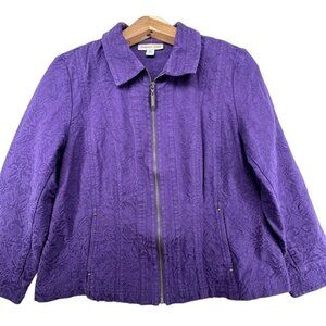 Coldwater Creek Women Jacket 14 Petite Purple Textured Cotton Full-Zip BizCasual